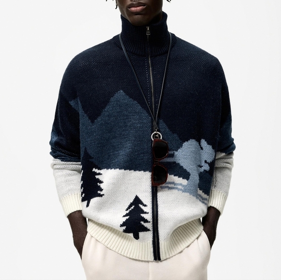 Zara Ski Jacquard Knit Jacket Blue/White Acrylic Knit Sweater Full Zip